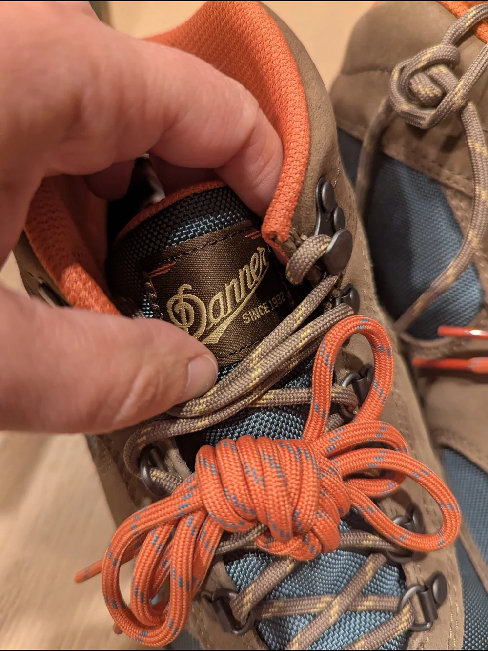 Danner Brown Suede & Blue Mesh Hiking Boots with Orange Laces